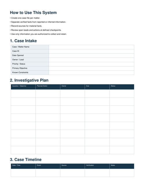 CaseWorks bundle preview of case intake, investigative plan and timeline templates